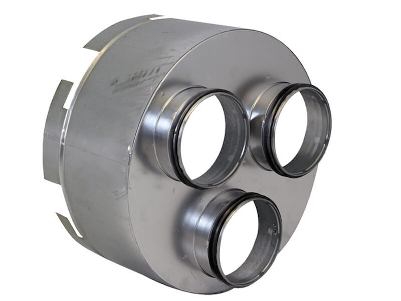 HEYLO drieweg aanzuig-, uitblaasadapter (1 x 305 mm > 3 x 100 mm) voor PowerVent 3000/4000-e